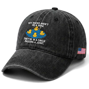 My Duck Arent In A Row They Are In A Circle Passing A Joint Washed Cotton Baseball Cap Funny Duck Cannabis Cigarette TS11 Print Your Wear