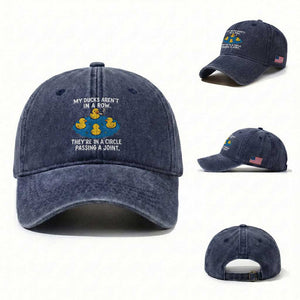My Duck Arent In A Row They Are In A Circle Passing A Joint Washed Cotton Baseball Cap Funny Duck Cannabis Cigarette TS11 Washed Cap Universal Fit Navy Print Your Wear
