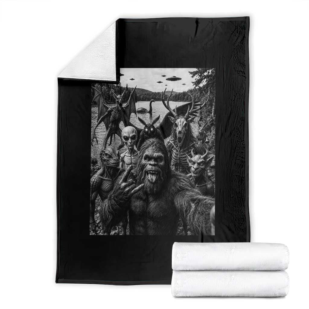 Funny Cryptid Creatures Selfie Throw Blanket Bigfoot Alien Cryptozoology Fantasy Mythical Monsters TS11 Black Print Your Wear