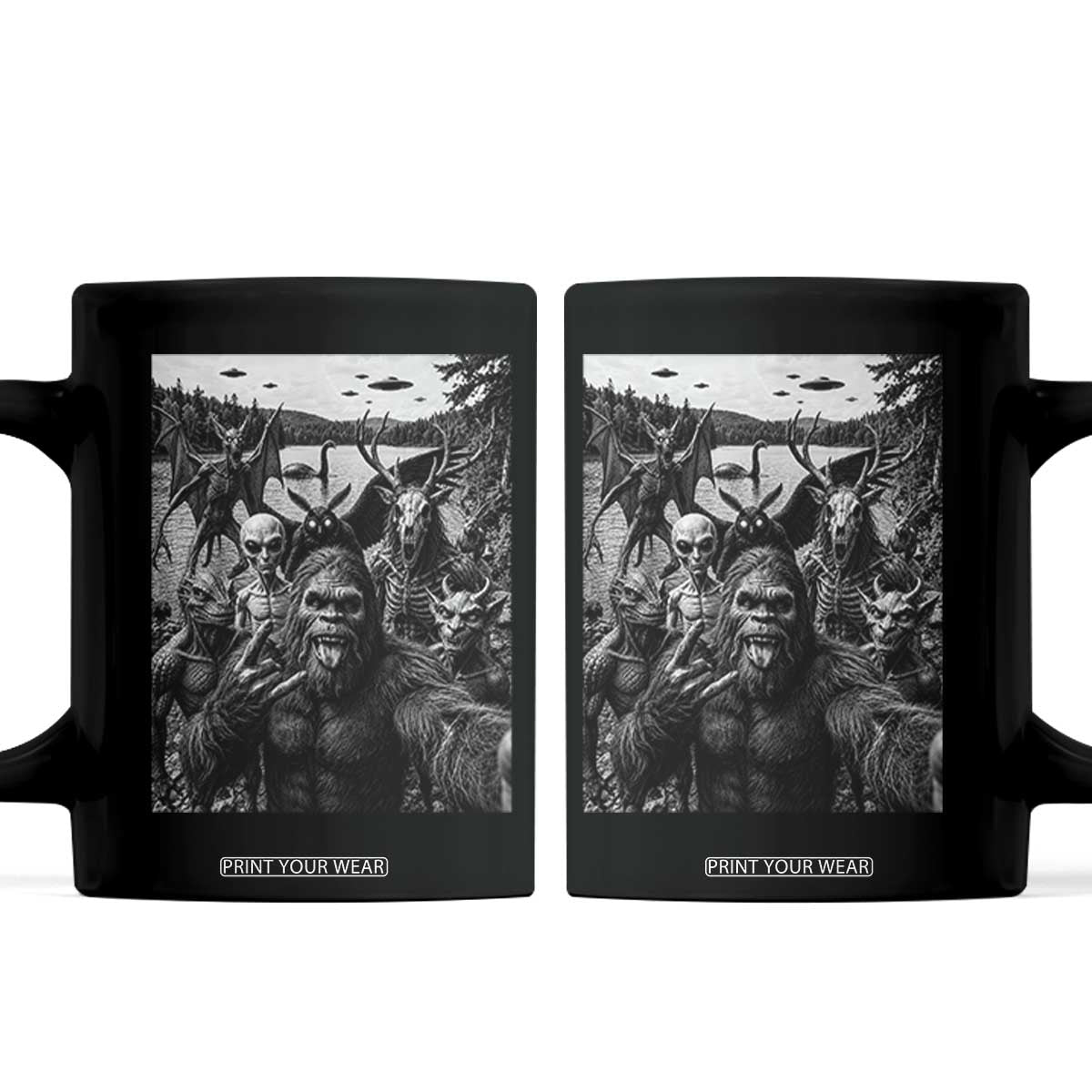 Funny Cryptid Creatures Selfie Coffee Mug Bigfoot Alien Cryptozoology Fantasy Mythical Monsters TS11 Black Print Your Wear