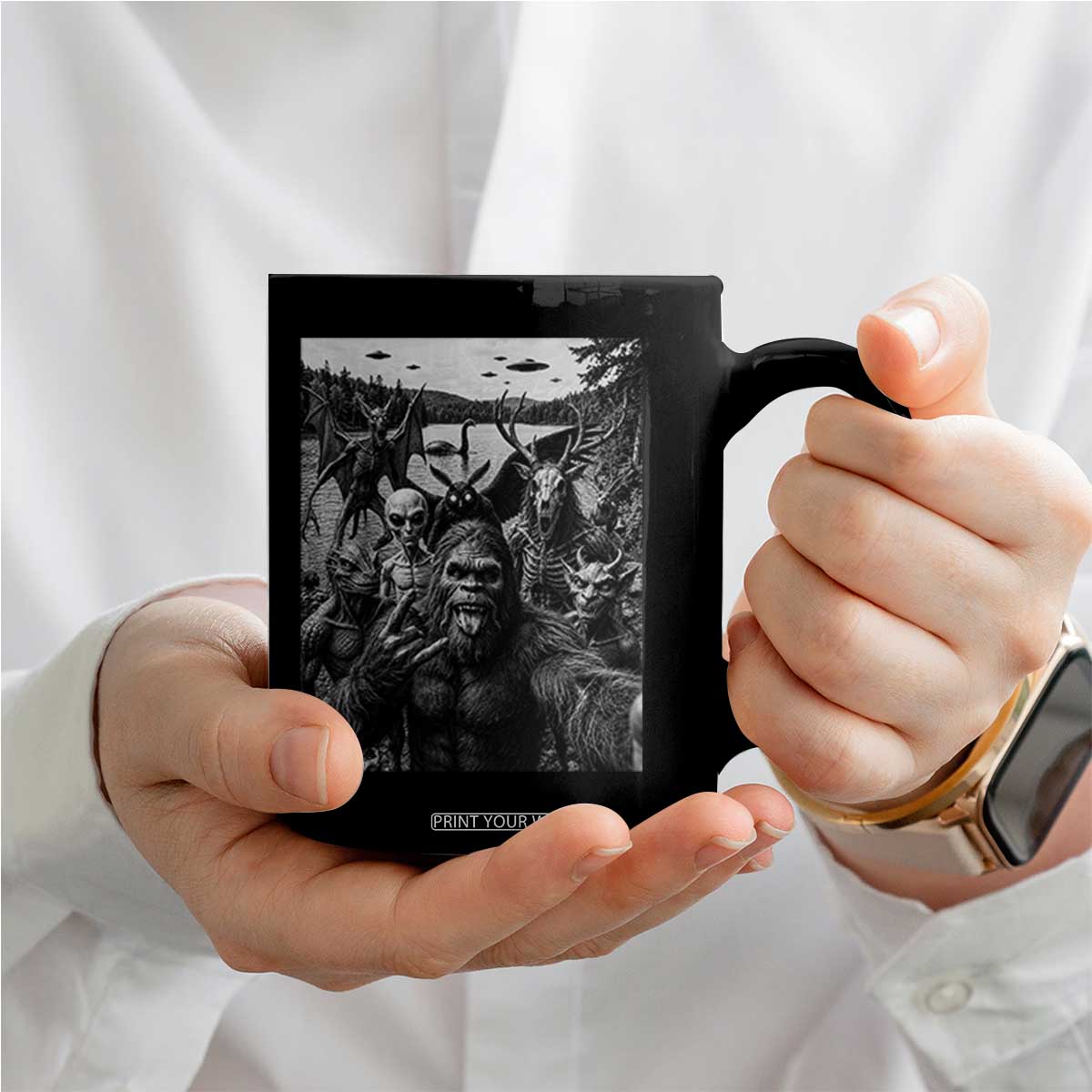 Funny Cryptid Creatures Selfie Coffee Mug Bigfoot Alien Cryptozoology Fantasy Mythical Monsters