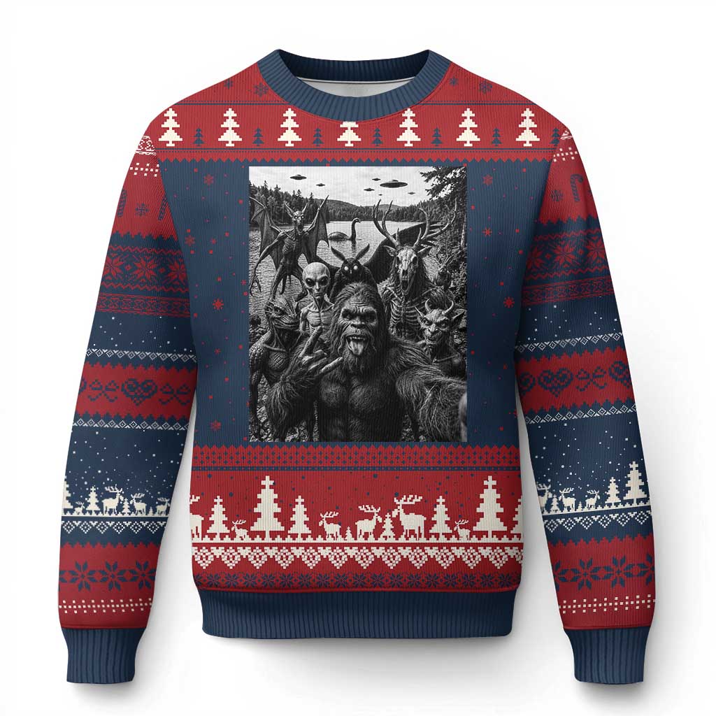 Funny Cryptid Creatures Selfie Ugly Christmas Sweater Bigfoot Alien Cryptozoology Fantasy Mythical Monsters
