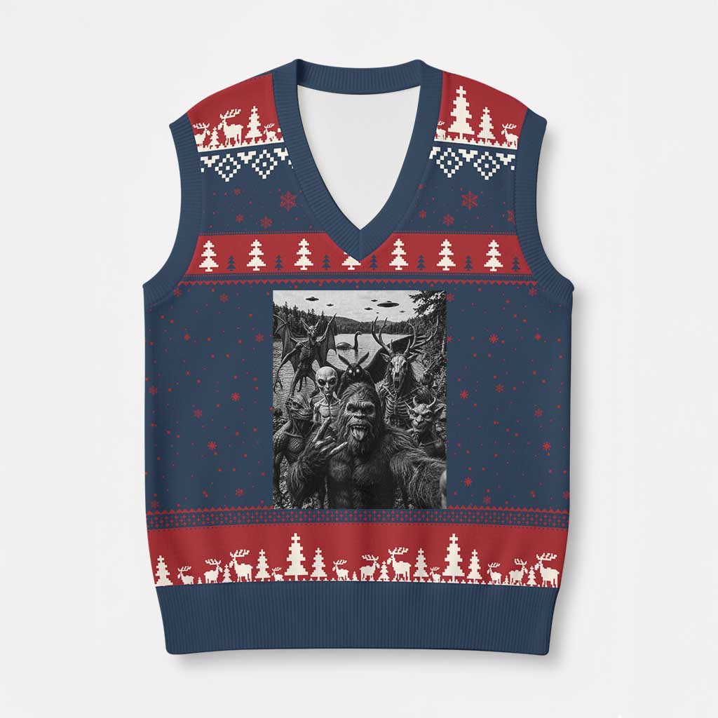 Funny Cryptid Creatures Selfie V-Neck Knit Sweater Vest Bigfoot Alien Cryptozoology Fantasy Mythical Monsters