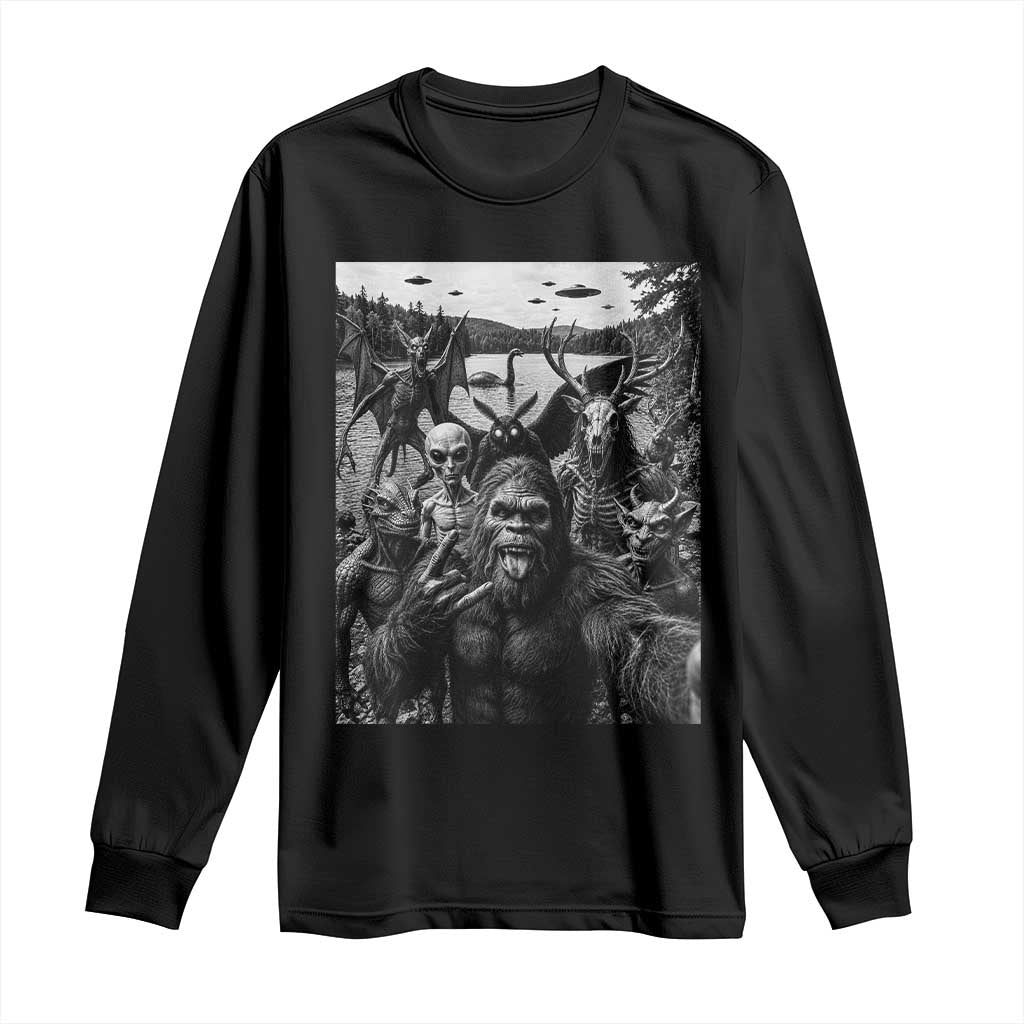 Funny Cryptid Creatures Selfie Long Sleeve Shirt Bigfoot Alien Cryptozoology Fantasy Mythical Monsters TS11 Black Print Your Wear