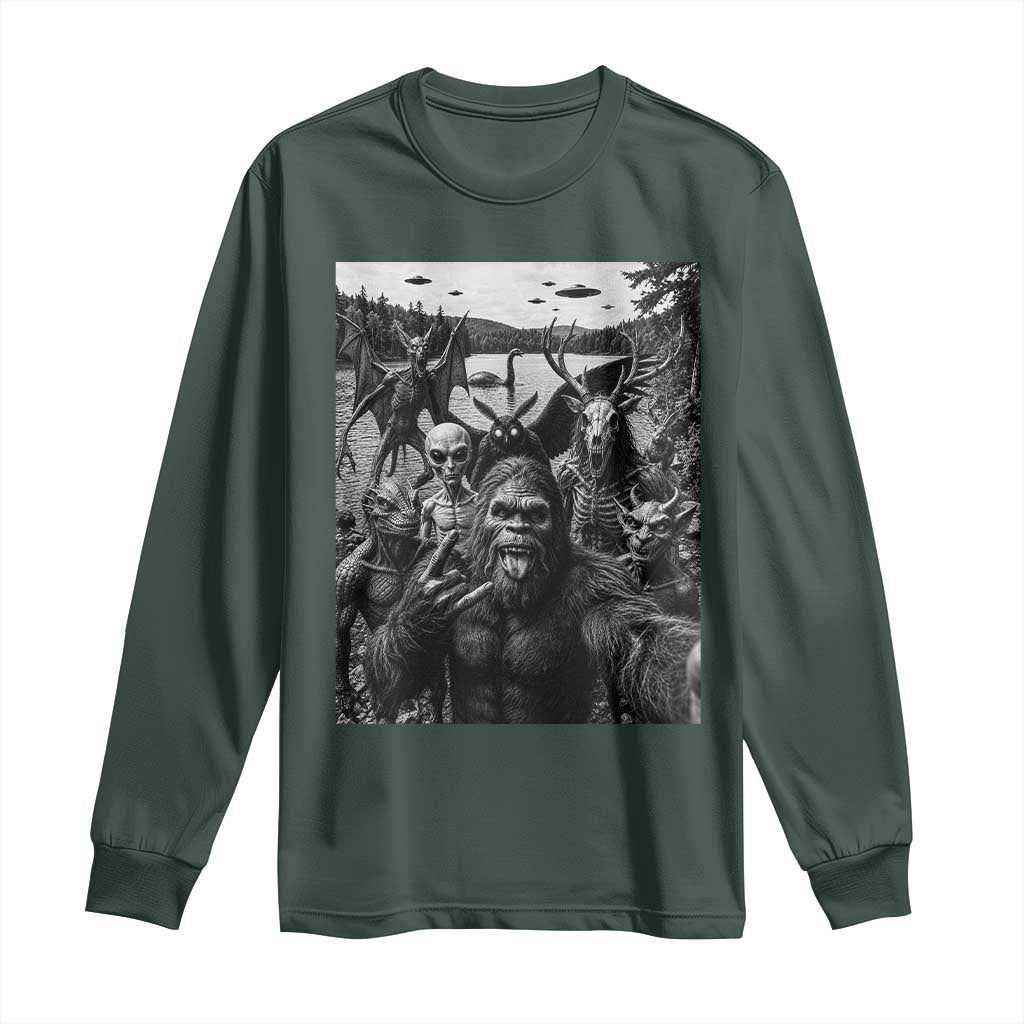 Funny Cryptid Creatures Selfie Long Sleeve Shirt Bigfoot Alien Cryptozoology Fantasy Mythical Monsters