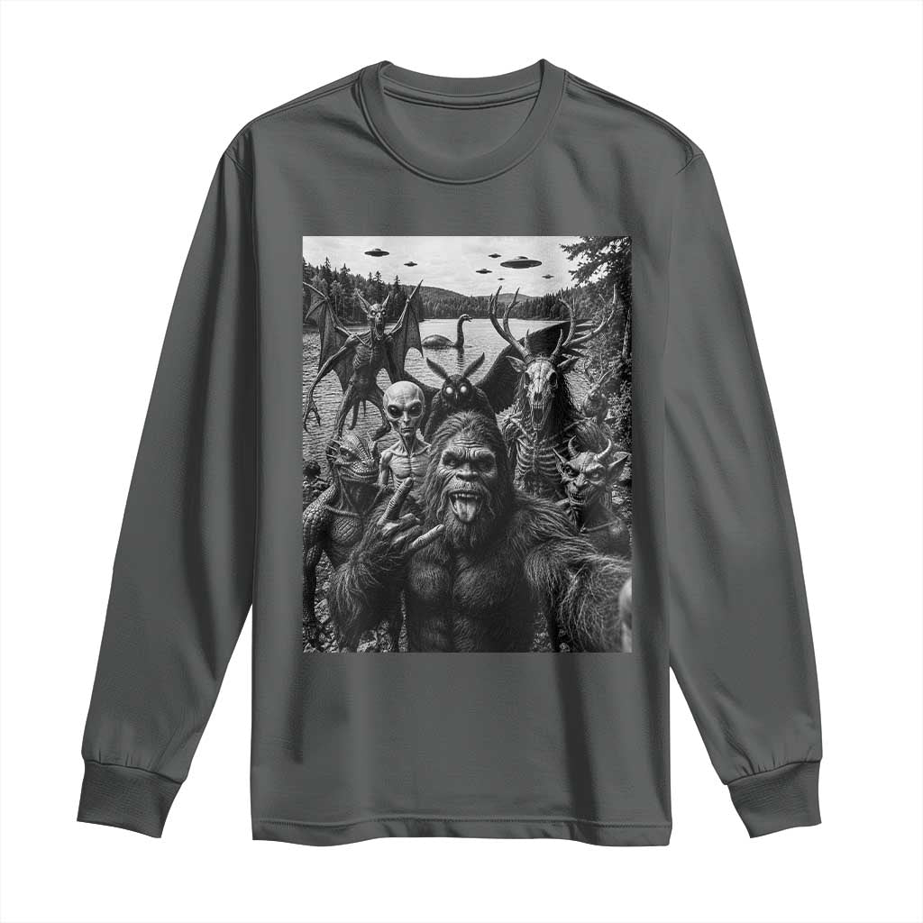 Funny Cryptid Creatures Selfie Long Sleeve Shirt Bigfoot Alien Cryptozoology Fantasy Mythical Monsters