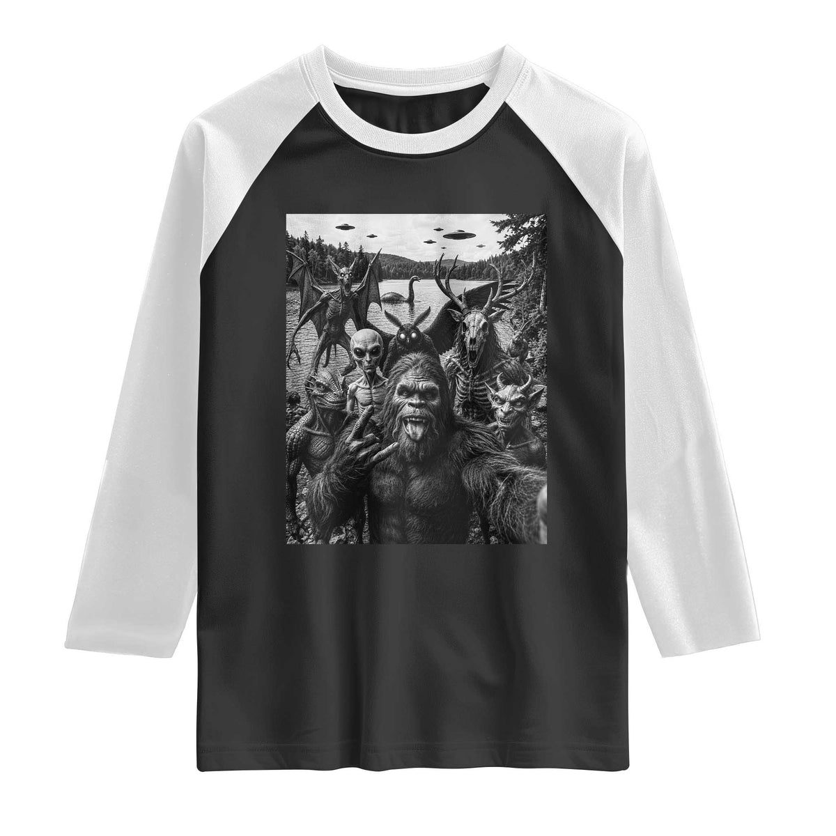 Funny Cryptid Creatures Selfie Raglan Shirt Bigfoot Alien Cryptozoology Fantasy Mythical Monsters