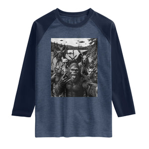Funny Cryptid Creatures Selfie Raglan Shirt Bigfoot Alien Cryptozoology Fantasy Mythical Monsters