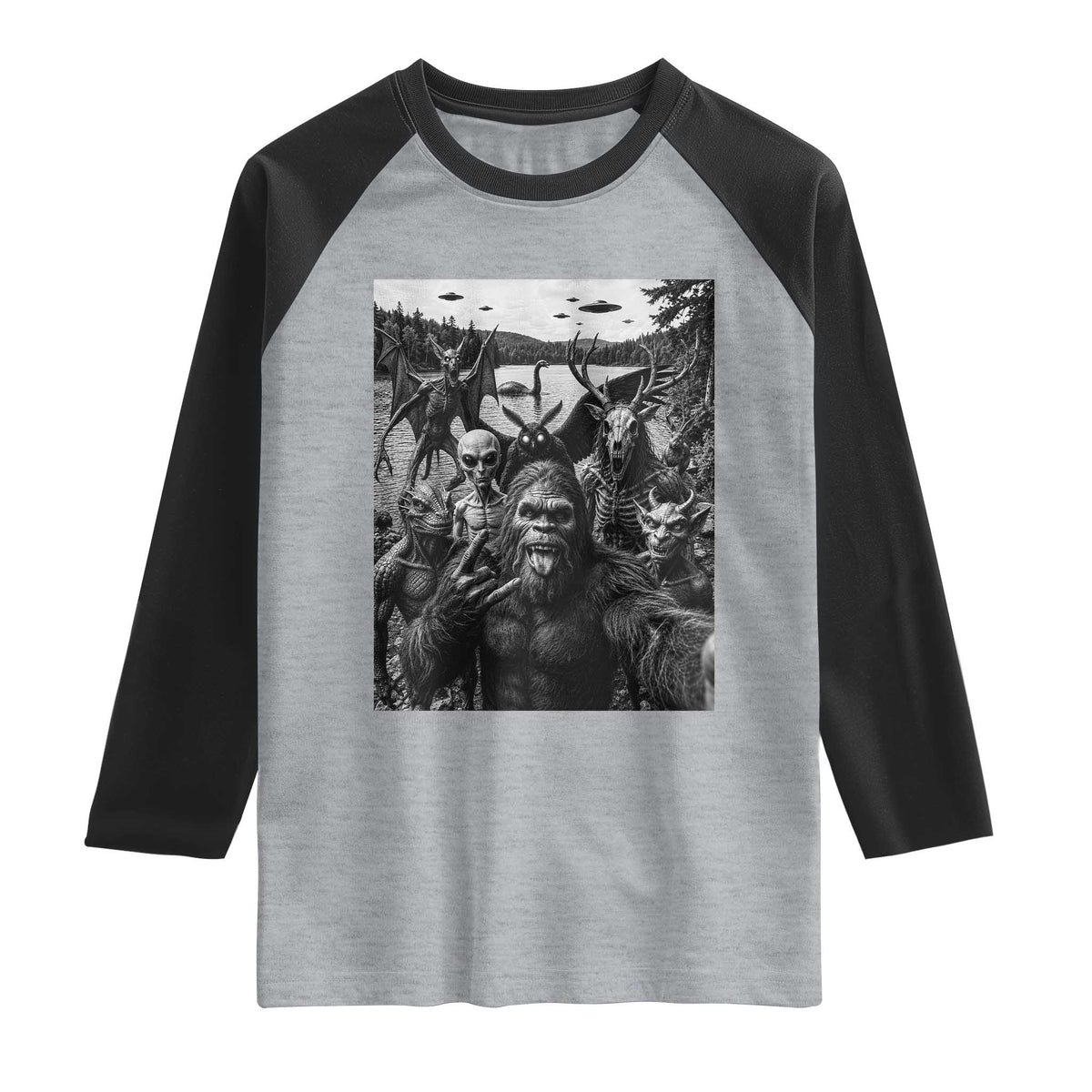 Funny Cryptid Creatures Selfie Raglan Shirt Bigfoot Alien Cryptozoology Fantasy Mythical Monsters