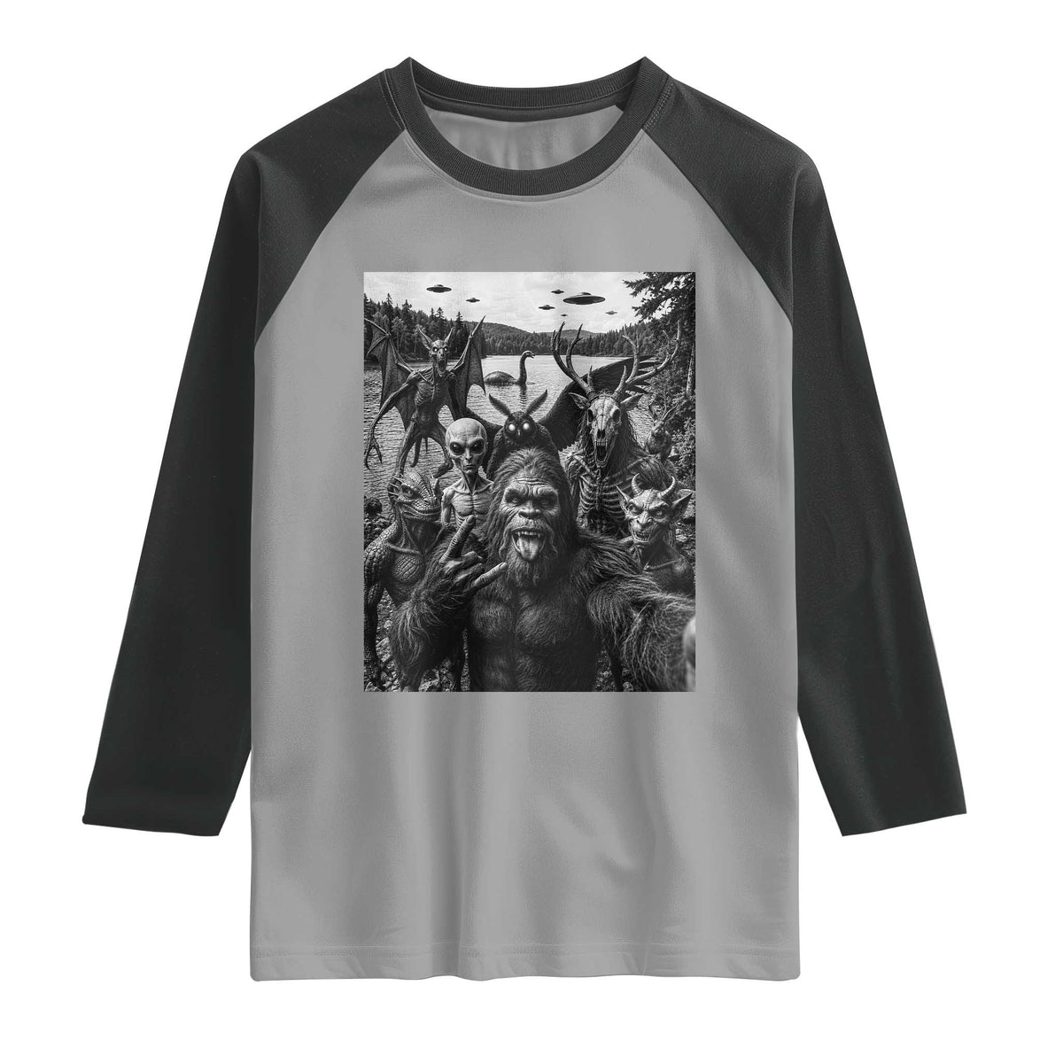 Funny Cryptid Creatures Selfie Raglan Shirt Bigfoot Alien Cryptozoology Fantasy Mythical Monsters