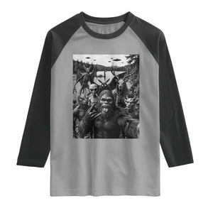 Funny Cryptid Creatures Selfie Raglan Shirt Bigfoot Alien Cryptozoology Fantasy Mythical Monsters