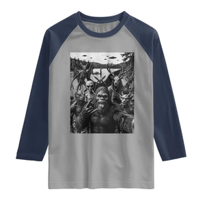 Funny Cryptid Creatures Selfie Raglan Shirt Bigfoot Alien Cryptozoology Fantasy Mythical Monsters