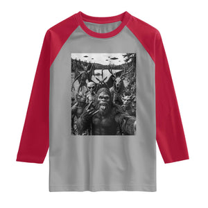 Funny Cryptid Creatures Selfie Raglan Shirt Bigfoot Alien Cryptozoology Fantasy Mythical Monsters