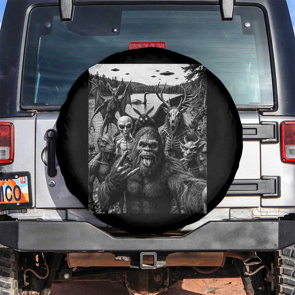 Funny Cryptid Creatures Selfie Spare Tire Cover Bigfoot Alien Cryptozoology Fantasy Mythical Monsters TS11 No hole Black Print Your Wear