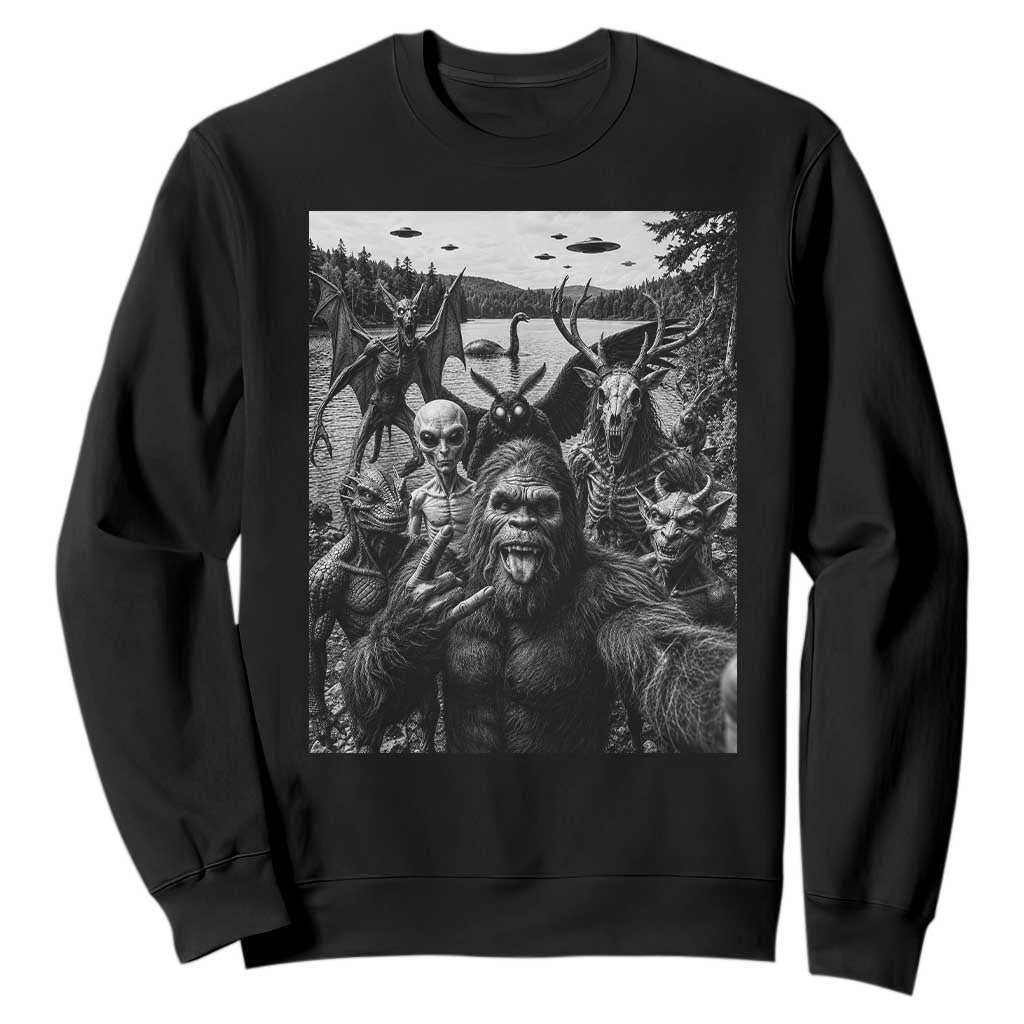 Funny Cryptid Creatures Selfie Sweatshirt Bigfoot Alien Cryptozoology Fantasy Mythical Monsters