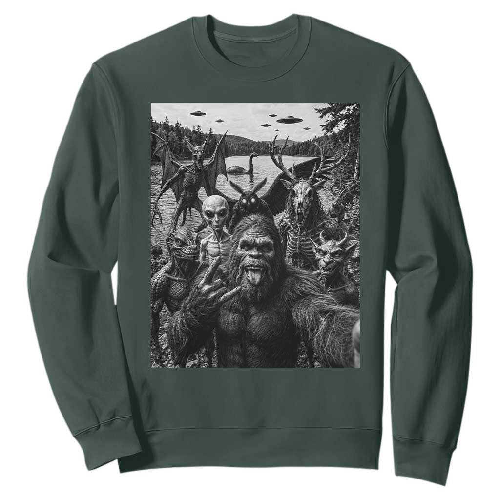 Funny Cryptid Creatures Selfie Sweatshirt Bigfoot Alien Cryptozoology Fantasy Mythical Monsters