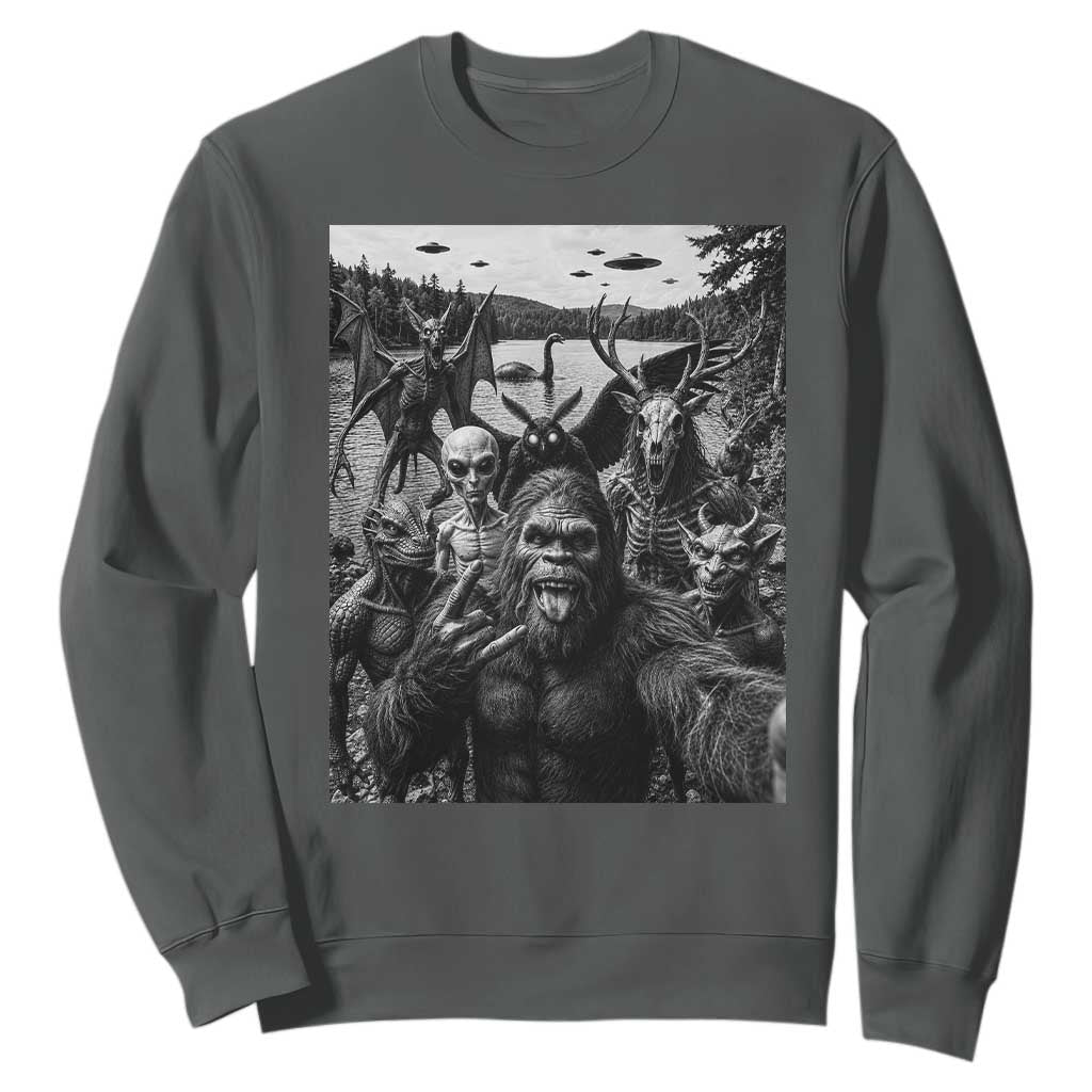 Funny Cryptid Creatures Selfie Sweatshirt Bigfoot Alien Cryptozoology Fantasy Mythical Monsters