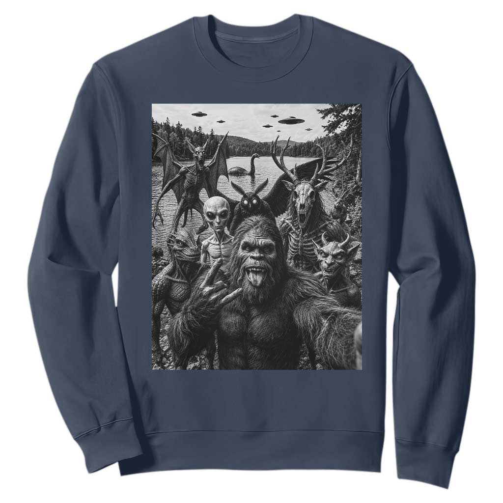 Funny Cryptid Creatures Selfie Sweatshirt Bigfoot Alien Cryptozoology Fantasy Mythical Monsters