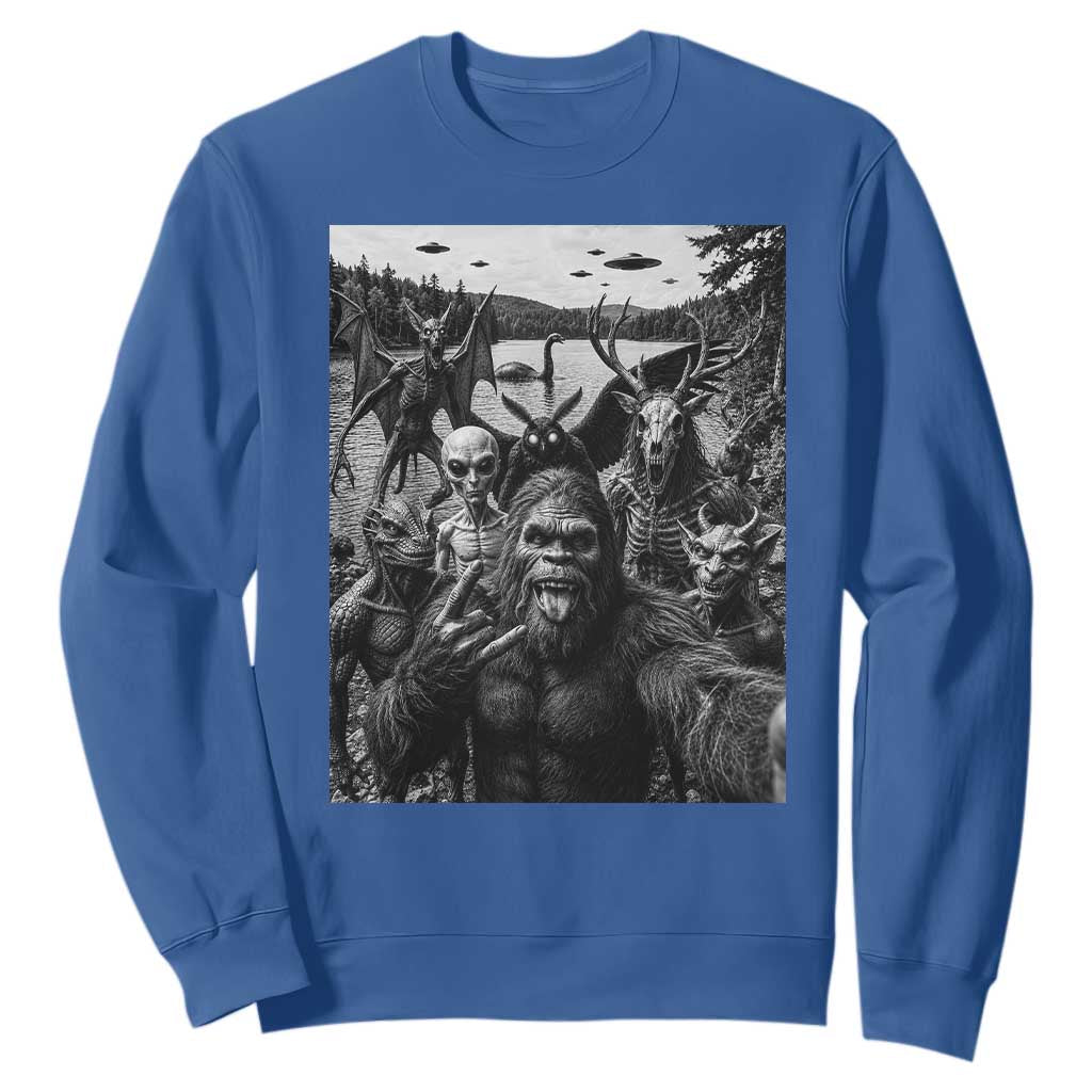 Funny Cryptid Creatures Selfie Sweatshirt Bigfoot Alien Cryptozoology Fantasy Mythical Monsters