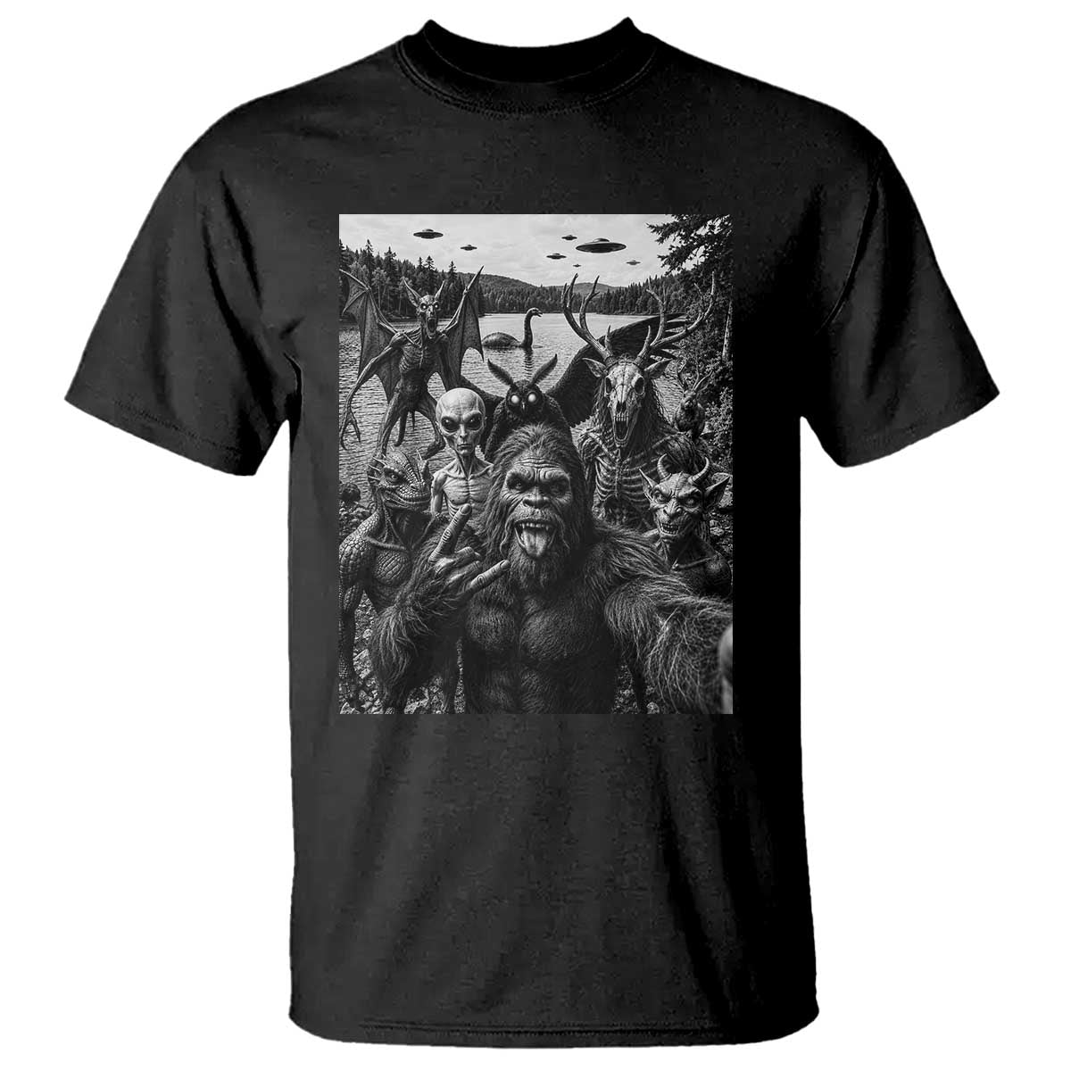 Funny Cryptid Creatures Selfie T Shirt Bigfoot Alien Cryptozoology Fantasy Mythical Monsters