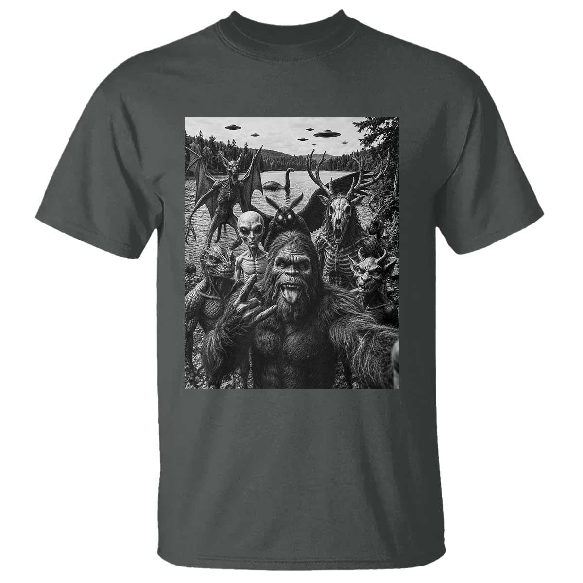 Funny Cryptid Creatures Selfie T Shirt Bigfoot Alien Cryptozoology Fantasy Mythical Monsters