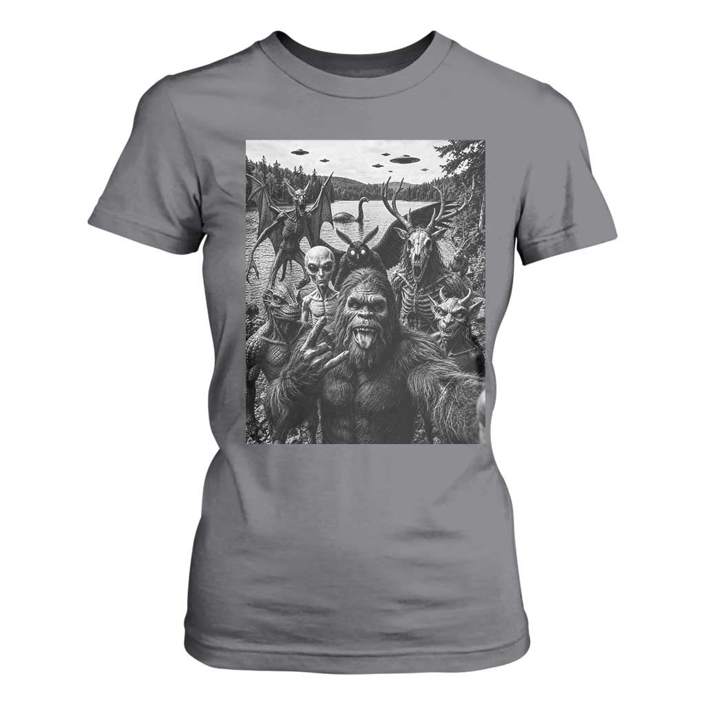 Funny Cryptid Creatures Selfie T Shirt For Women Bigfoot Alien Cryptozoology Fantasy Mythical Monsters