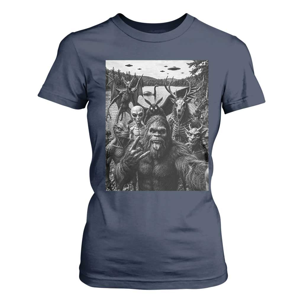 Funny Cryptid Creatures Selfie T Shirt For Women Bigfoot Alien Cryptozoology Fantasy Mythical Monsters