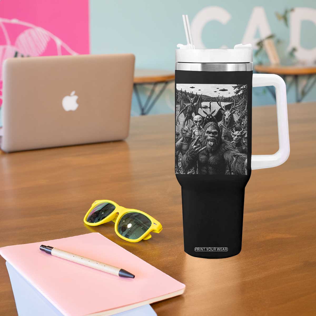 Funny Cryptid Creatures Selfie Tumbler With Handle Bigfoot Alien Cryptozoology Fantasy Mythical Monsters