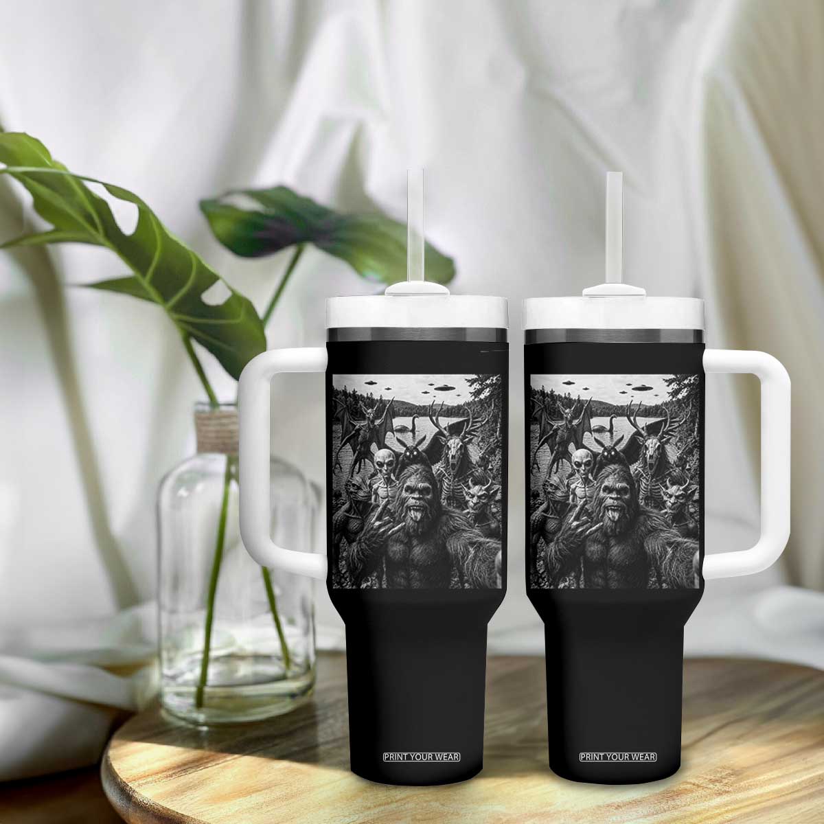 Funny Cryptid Creatures Selfie Tumbler With Handle Bigfoot Alien Cryptozoology Fantasy Mythical Monsters