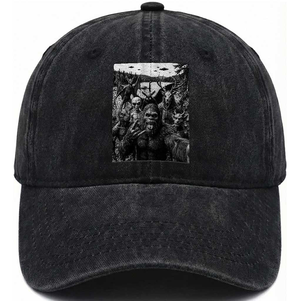 Funny Cryptid Creatures Selfie Washed Cotton Baseball Cap Bigfoot Alien Cryptozoology Fantasy Mythical Monsters