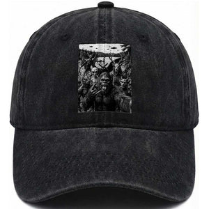 Funny Cryptid Creatures Selfie Washed Cotton Baseball Cap Bigfoot Alien Cryptozoology Fantasy Mythical Monsters
