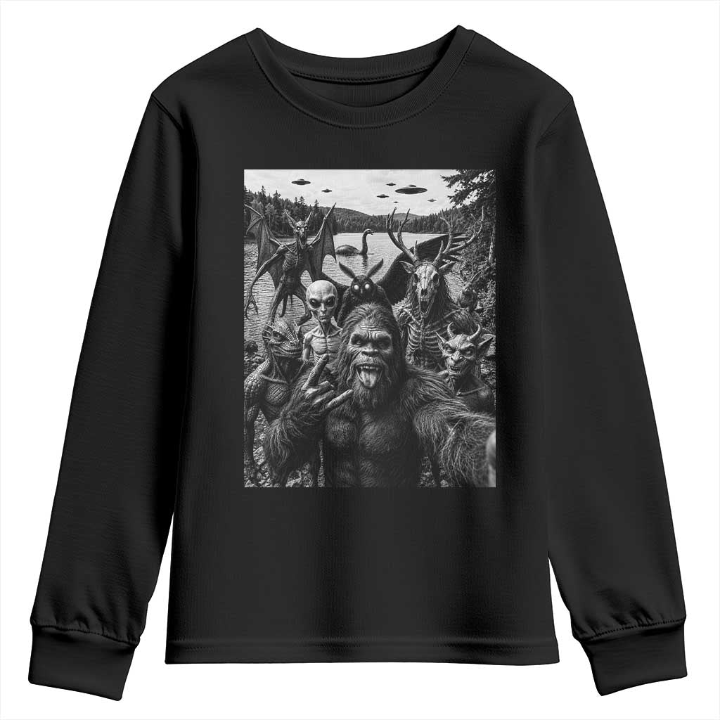 Funny Cryptid Creatures Selfie Youth Sweatshirt Bigfoot Alien Cryptozoology Fantasy Mythical Monsters TS11 Black Print Your Wear