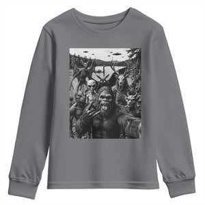 Funny Cryptid Creatures Selfie Youth Sweatshirt Bigfoot Alien Cryptozoology Fantasy Mythical Monsters