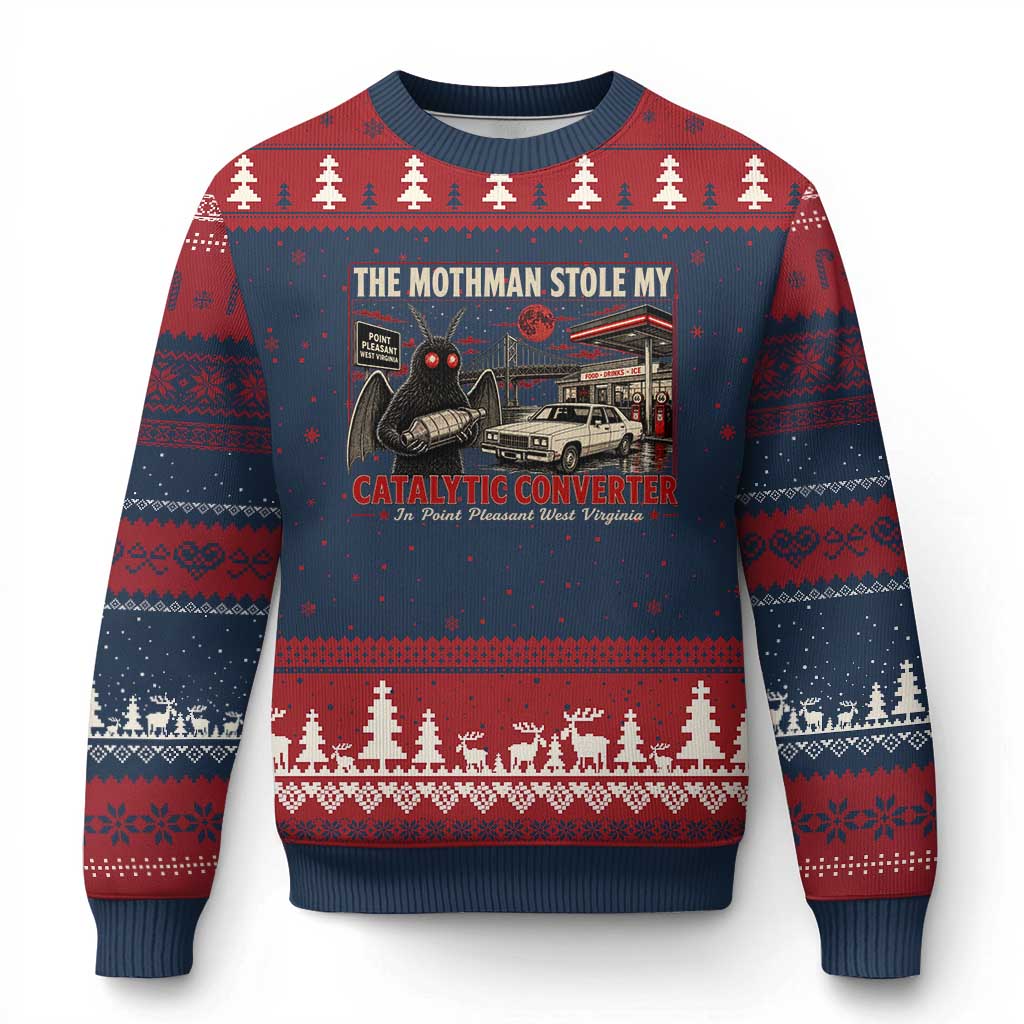 Funny The Mothman Stole My Catalytic Converter Ugly Christmas Sweater Point Pleasant West Virginia Cryptid TS11 Navy Red Print Your Wear