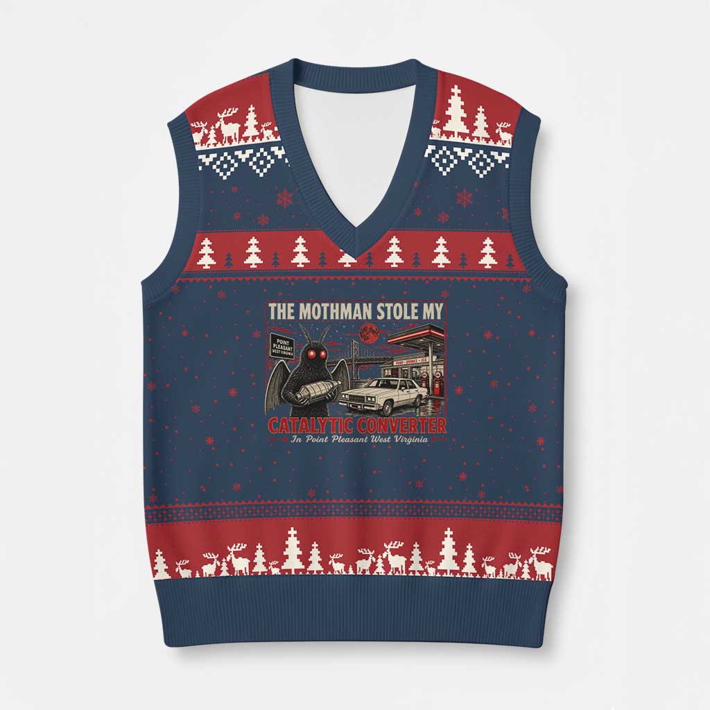 Funny The Mothman Stole My Catalytic Converter V-Neck Knit Sweater Vest Point Pleasant West Virginia Cryptid TS11 Navy Red Print Your Wear