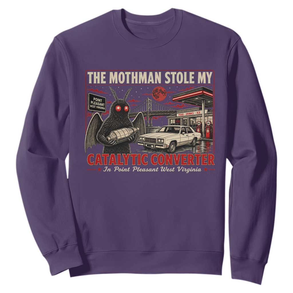 Funny The Mothman Stole My Catalytic Converter Sweatshirt Point Pleasant West Virginia Cryptid TS11 Purple Print Your Wear