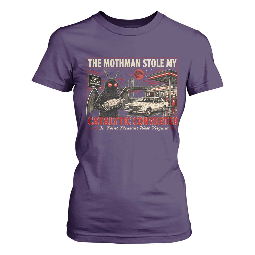 Funny The Mothman Stole My Catalytic Converter T Shirt For Women Point Pleasant West Virginia Cryptid TS11 Purple Print Your Wear