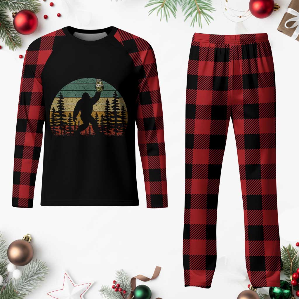 Funny Bigfoot Pickles Lover Plaid Pajama Set Retro Sasquatch Cucumber Food Lover