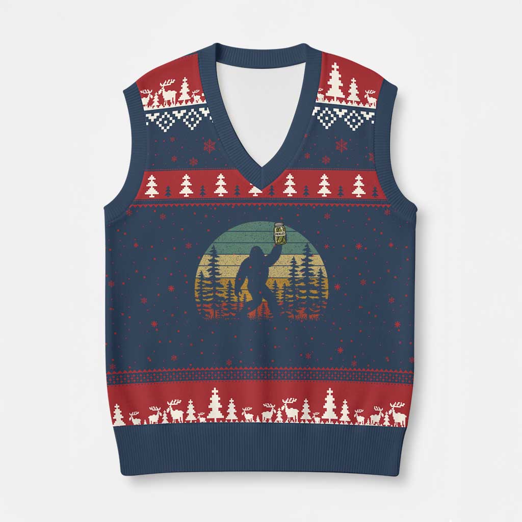 Funny Bigfoot Pickles Lover V-Neck Knit Sweater Vest Retro Sasquatch Cucumber Food Lover TS11 Navy Red Print Your Wear