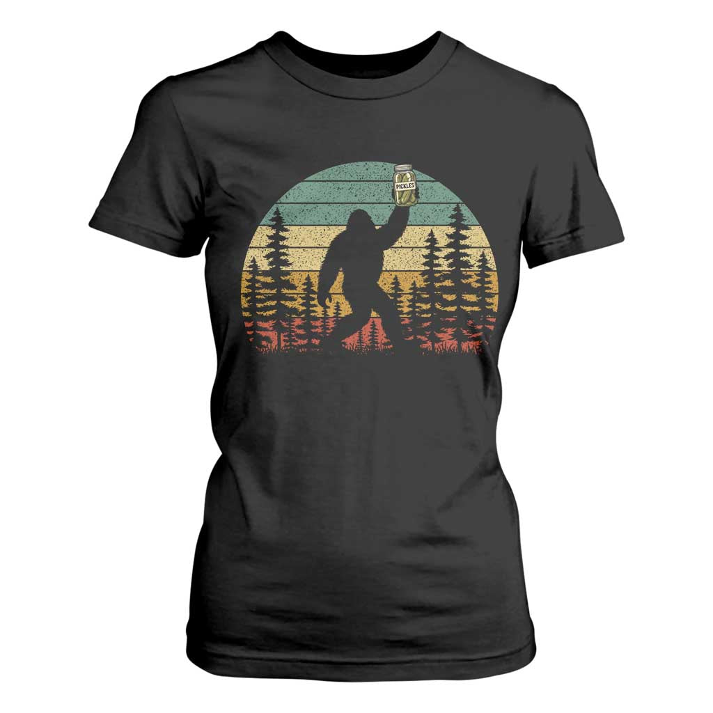 Funny Bigfoot Pickles Lover T Shirt For Women Retro Sasquatch Cucumber Food Lover