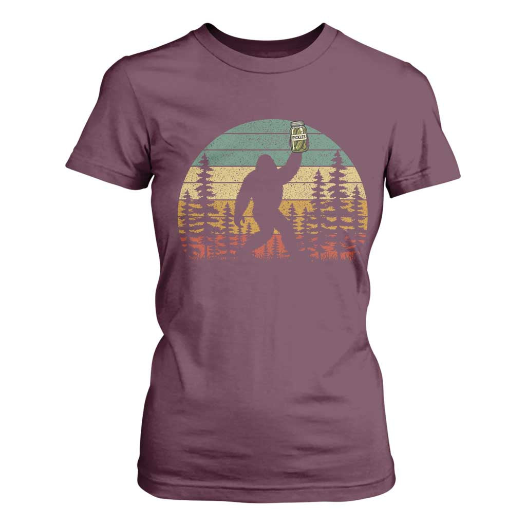 Funny Bigfoot Pickles Lover T Shirt For Women Retro Sasquatch Cucumber Food Lover