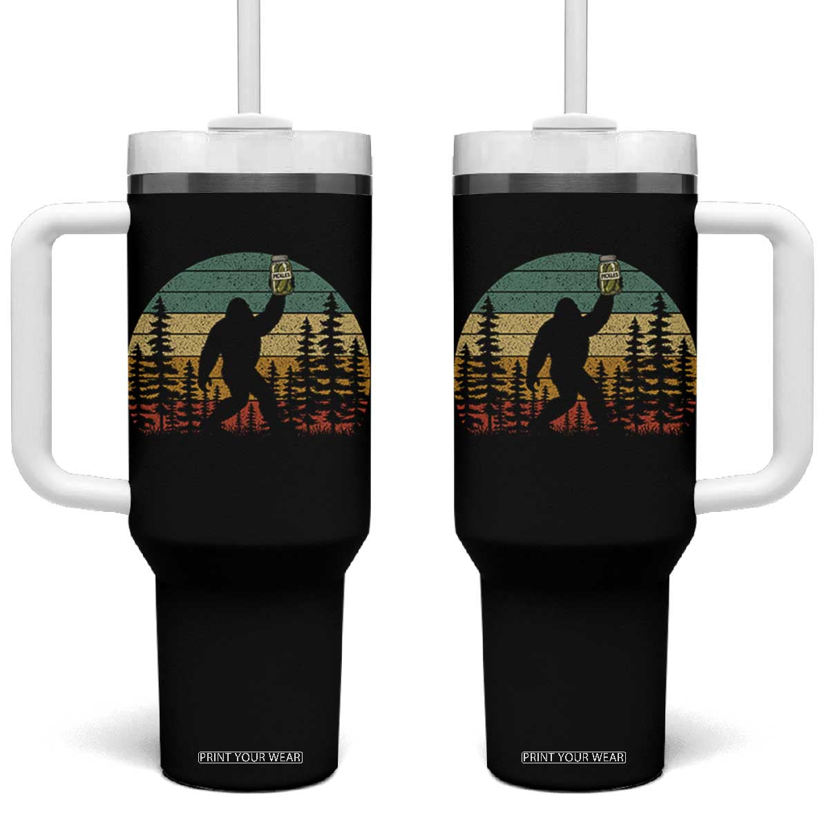 Funny Bigfoot Pickles Lover Tumbler With Handle Retro Sasquatch Cucumber Food Lover