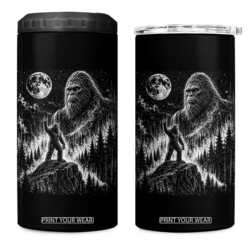 Bigfoot Howling at Moon Mystical Forest 4 in 1 Can Cooler Tumbler Funny Sasquatch Nature Lover
