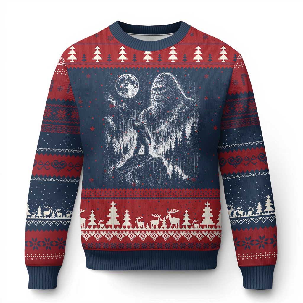 Bigfoot Howling at Moon Mystical Forest Ugly Christmas Sweater Funny Sasquatch Nature Lover TS11 Navy Red Print Your Wear