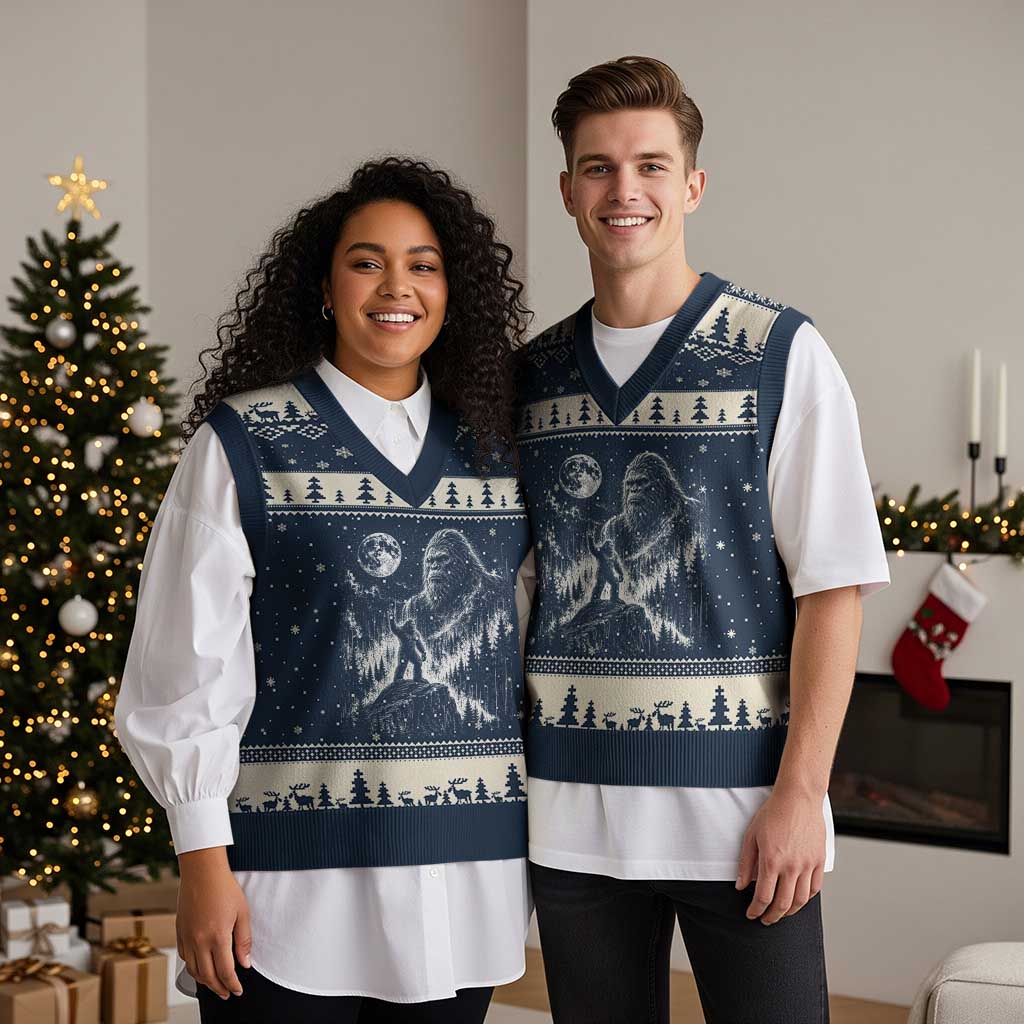 Bigfoot Howling at Moon Mystical Forest V-Neck Knit Sweater Vest Funny Sasquatch Nature Lover