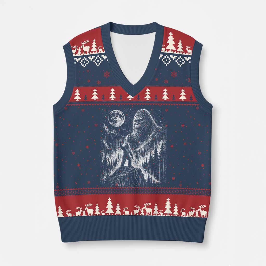 Bigfoot Howling at Moon Mystical Forest V-Neck Knit Sweater Vest Funny Sasquatch Nature Lover TS11 Navy Red Print Your Wear