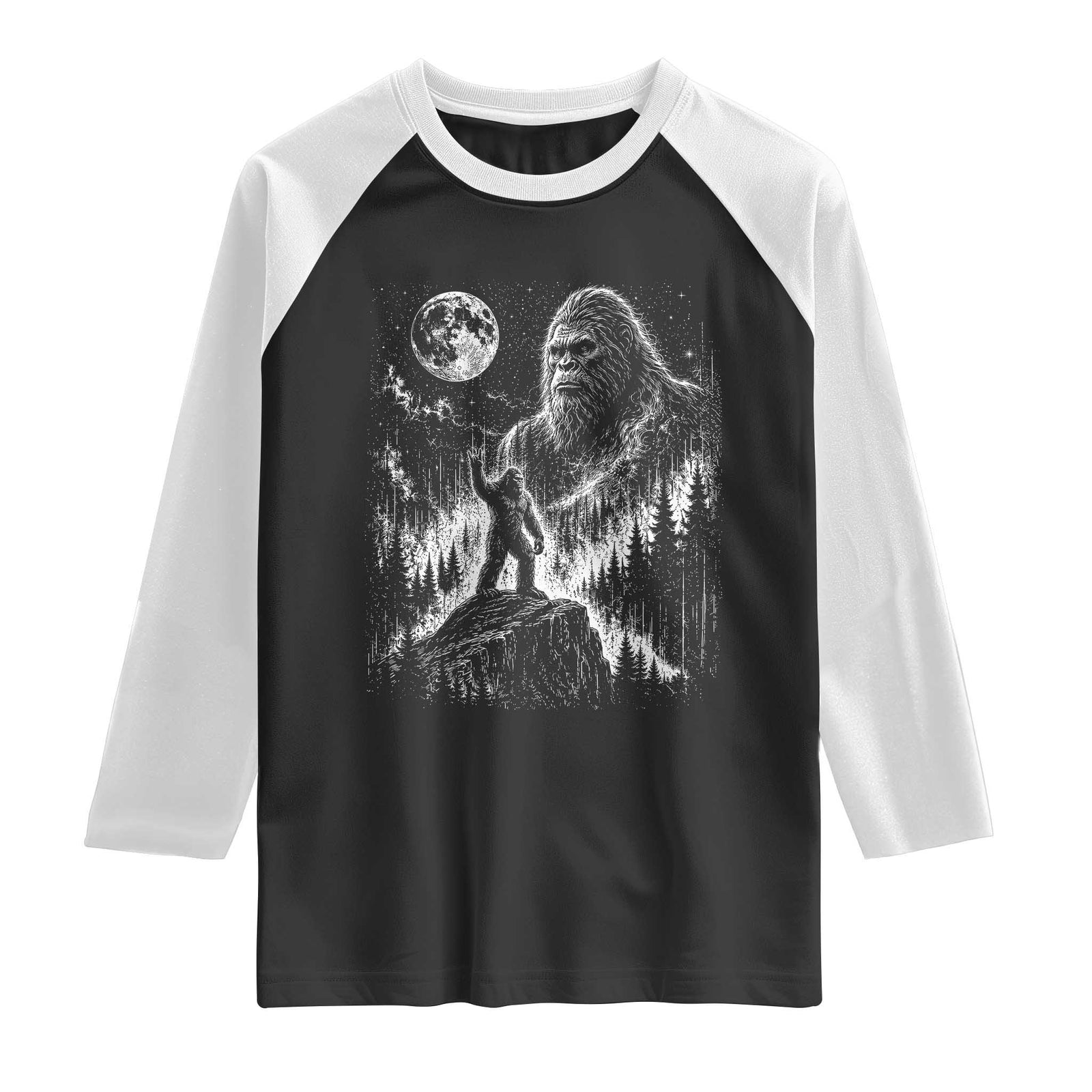 Bigfoot Howling at Moon Mystical Forest Raglan Shirt Funny Sasquatch Nature Lover TS11 Black White Print Your Wear