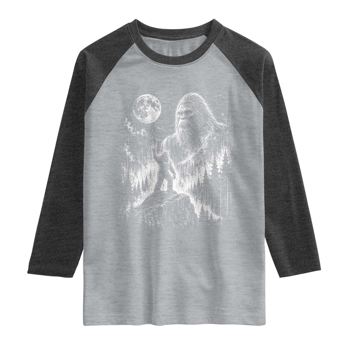 Bigfoot Howling at Moon Mystical Forest Raglan Shirt Funny Sasquatch Nature Lover