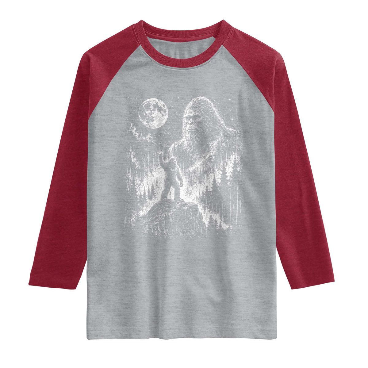 Bigfoot Howling at Moon Mystical Forest Raglan Shirt Funny Sasquatch Nature Lover