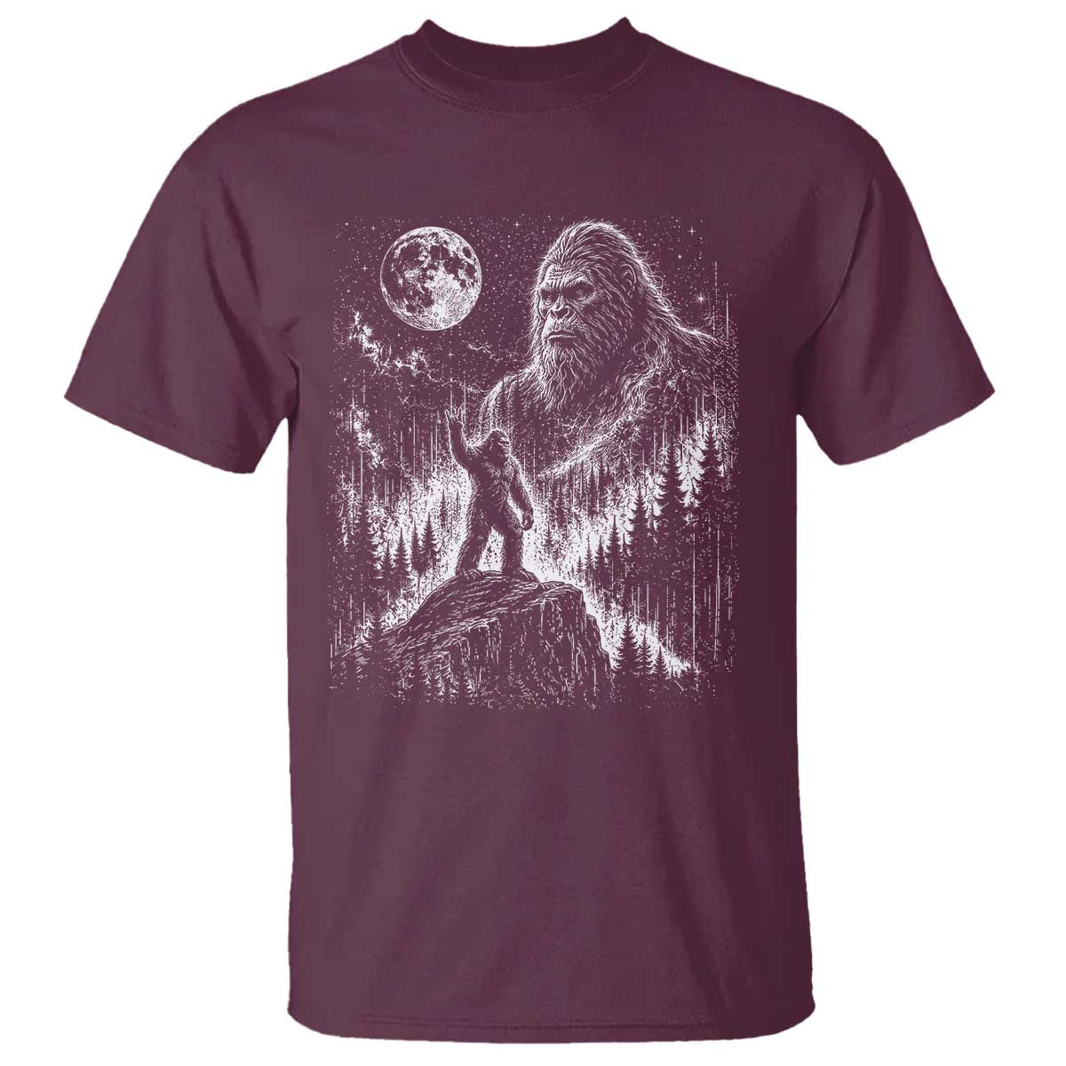 Bigfoot Howling at Moon Mystical Forest T Shirt Funny Sasquatch Nature Lover